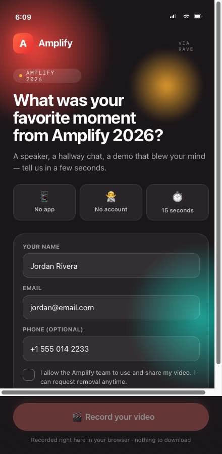Contributor recording screen with a branded prompt and record button